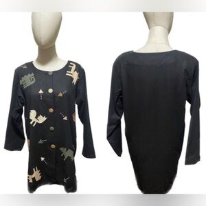 90s LINEN BOHO DEBORAH MURPHY BLACK SHACKET TUNIC JACKET W NATIVE VIBE RARE SZ L